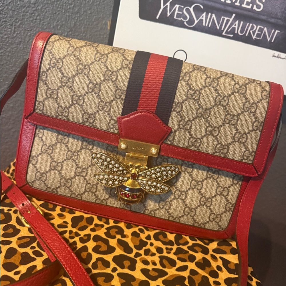 Gucci Red and Beige Crossbody Bag with Bee Detail